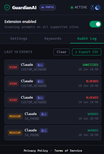 GuardianAI Audit Log — last 10 events with risk levels and actions