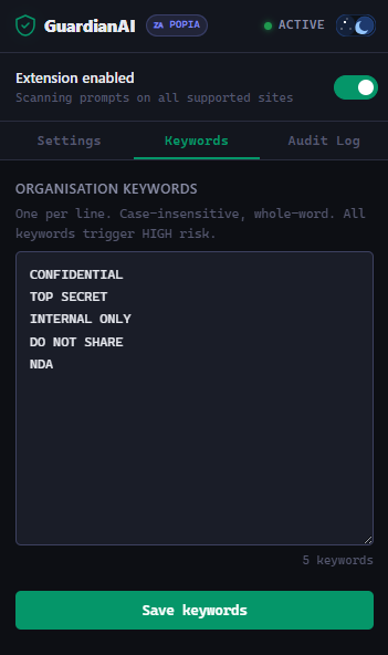 GuardianAI Keywords panel — organisation keyword list