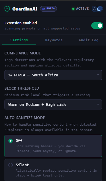 GuardianAI Settings panel — compliance mode, block threshold, auto-sanitize